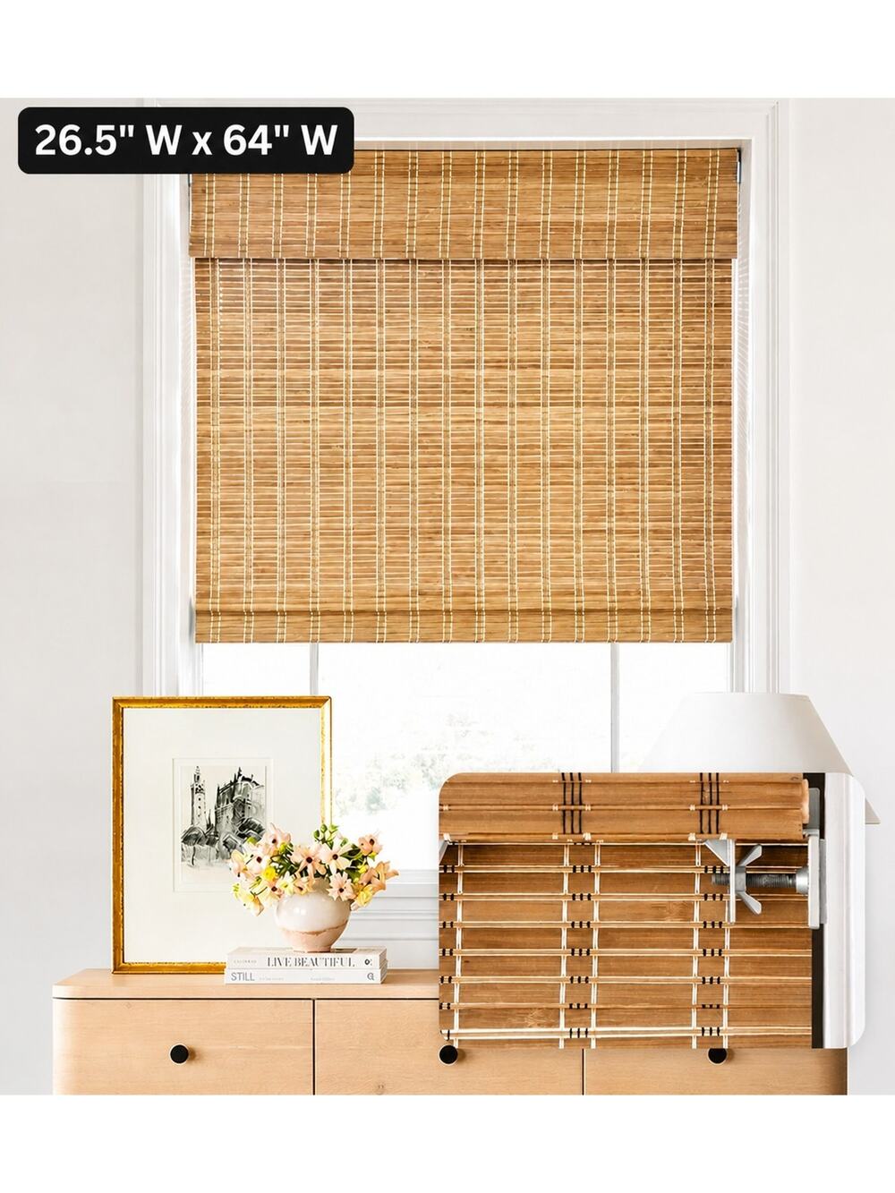 LazBlinds No Tools No Drill Cordless Bamboo Roman Shades Blinds 26.5'' x 64"
